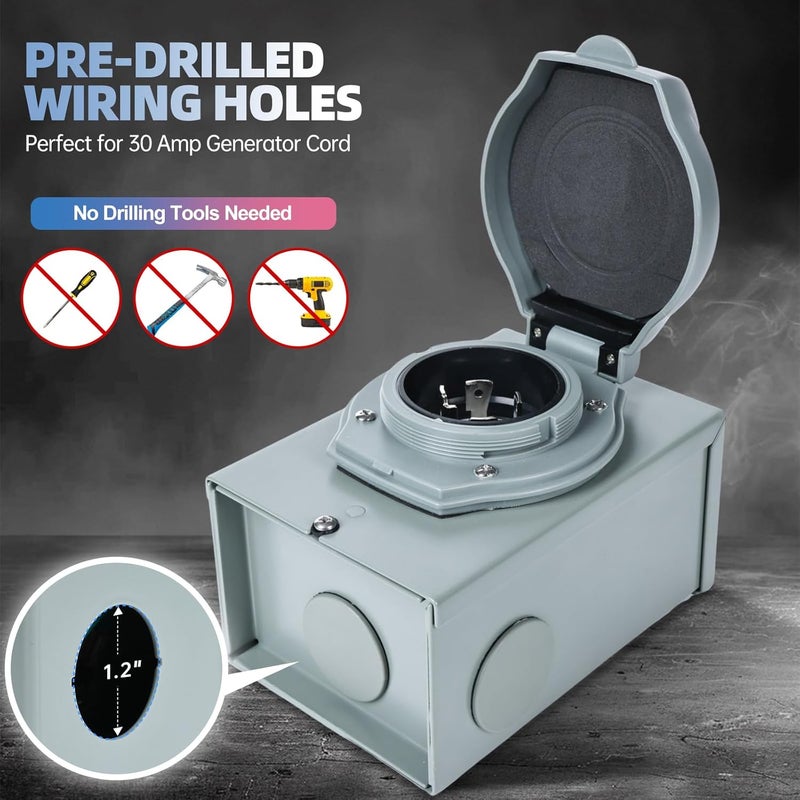 Maxworks 51070 30 Amp Generator Power Inlet Box NEMA L14-30P 4 Prong 125/250V 7500 Watt ETL Certified Pre-Drilled Holes Green Indicator Light Weatherproof Outdoor Use Heavy Duty - Image 3